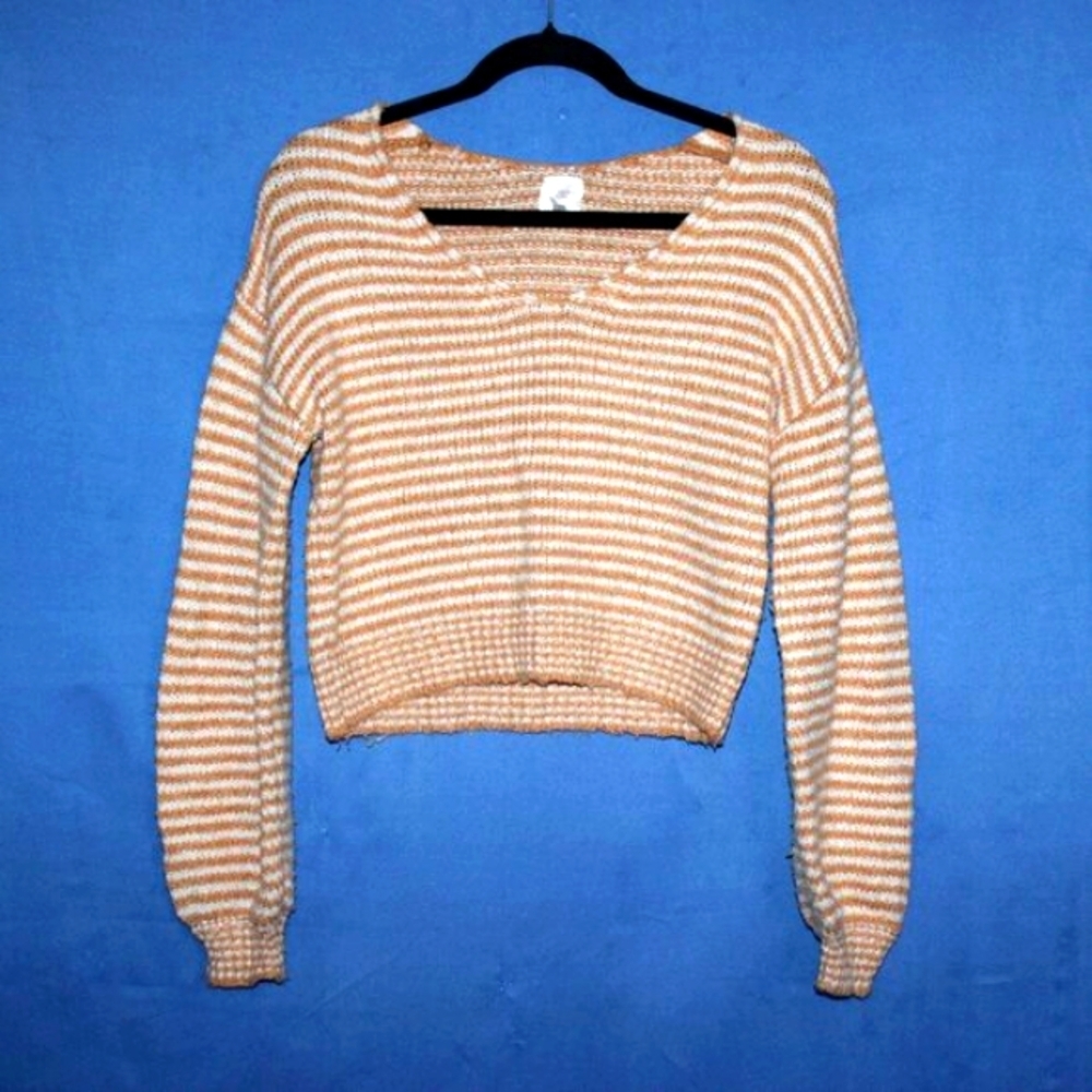 Freshman 1996 Striped Knit Crop Sweater Tan White Extra Small